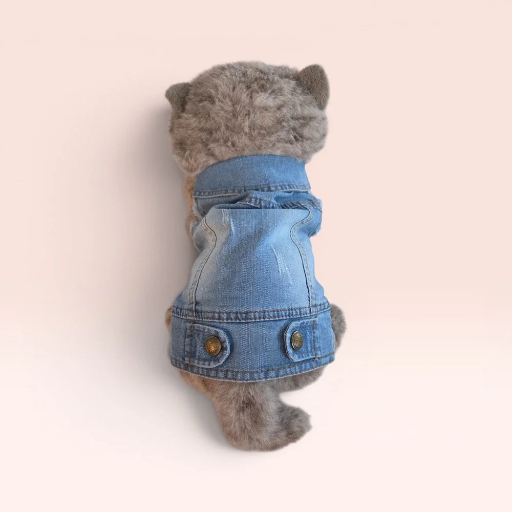 Blue Distressed Denim Pet Vest Dog Cat Jacket Medium Wash Snap Button Front
